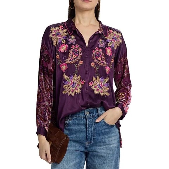 Johnny Was Tops - NWT Johnny Was The Slim Audrey Embroidered Floral Burnout Shirt Size S Purple